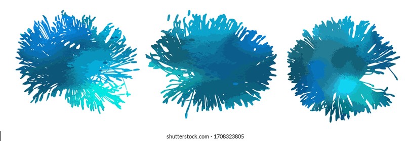 Set of blue picturesque flower heads. Mixed media. Vector illustration
