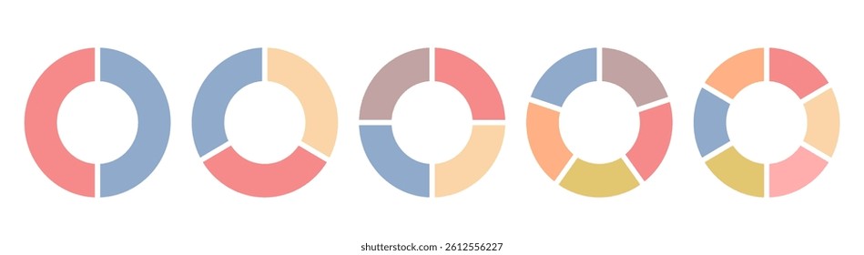 Set of blue pie chart icons. Circular segment and slice graphics showing 1 to 6 divisions. Ring-style percentage diagrams, wheel segments, and fractional infographics isolated on transparent backgroun