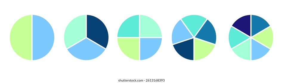 Set of blue pie chart icons. Circular segment and slice graphics showing 1 to 6 divisions. Ring-style percentage diagrams, wheel segments, and fractional infographics isolated on transparent backgroun
