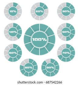 Set of blue pie chart percentage diagram with shadow