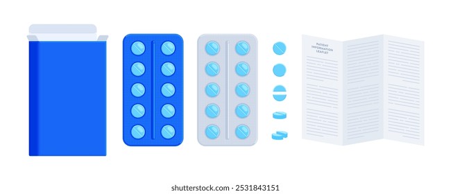 Set of blue pill packs with patient information leaflet. Healthcare, medicine, pharmacy, OTC drugs concept. Flat vector illustration isolated on a white background with copy space