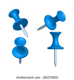 Set of blue pin different view, thumbtack, vector, illustration.