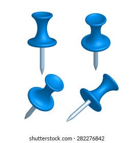 Set of blue pin different view, thumbtack, vector, illustration.
