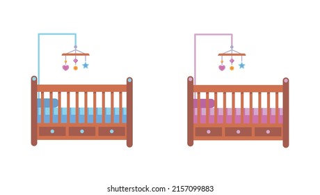 Set of blue and pink baby crib on white background. Vector illustration cribs for girls and boys in cartoon style.