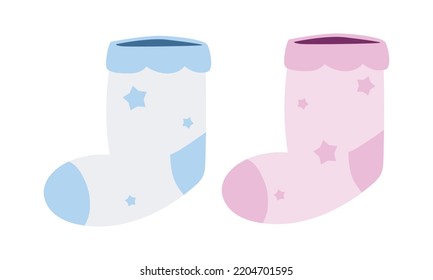 Set of blue and pink baby socks clipart. Simple cute newborn baby sock flat vector illustration. Toddler sock for baby shower or birthday party invitation cartoon style icon. Twins arrival concept