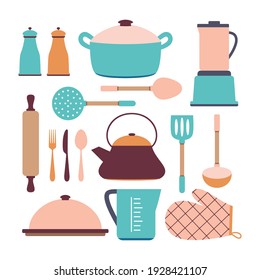 set of blue pink cookware isolated on white background, vector illustration, kitchen utensils