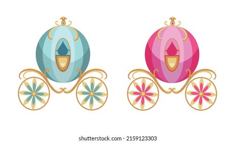 Set of blue and pink fairy carriage on white background. Vector illustration children's carriage for girls and boys in cartoon style.