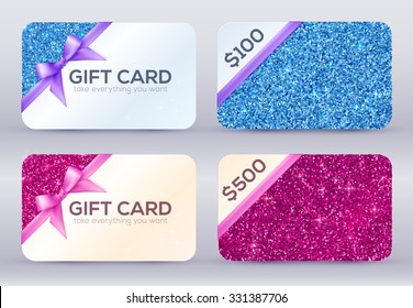 Set of blue and pink glitter vector gift cards templates