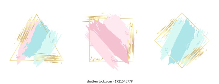 Set Of Blue, Pink And Gold Brush Strokes In Frame. Design Template For Banner, Card, Cover, Flyer And Logo. Vector Illustration Isolated On White Background.