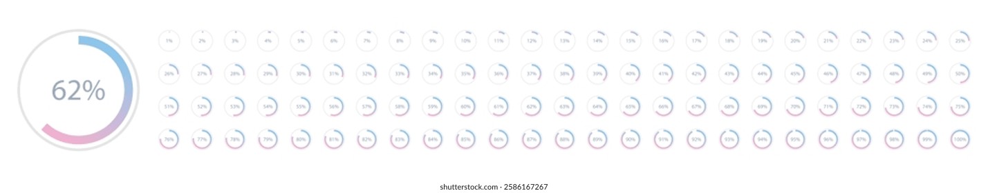 Set of blue pink gradient infographic pie charts, segment of circle icons 0% - 100%, simple flat design loading data interface elements app button ui ux web, vector isolated on white background