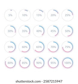 Set of blue pink gradient infographic pie charts, segment of circle icons 0% - 100%, simple flat design loading data interface elements app button ui ux web, vector isolated on white background