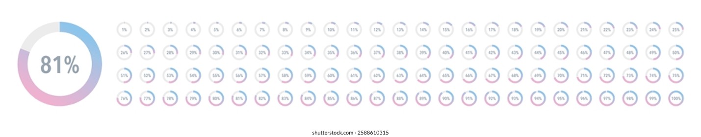 Set of blue pink gradient infographic pie charts, segment of circle icons 0% - 100%, simple flat design loading data interface elements app button ui ux web, vector isolated on white background