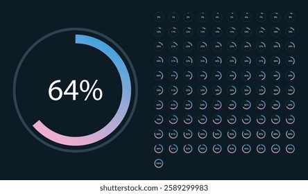 Set of blue pink gradient infographic pie charts set, segment of circle icons 0% - 100%, simple flat design loading data interface elements app button ui ux web, vector isolated on dark background