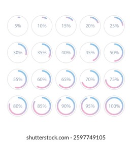Set of blue pink gradient infographic pie charts, segment of circle icons 0% - 100%, simple flat design loading data interface elements app button ui ux web, vector isolated on white background