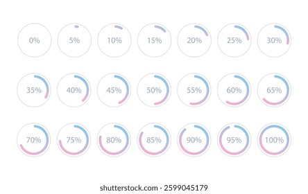 Set of blue pink gradient infographic pie charts, segment of circle icons 0% - 100%, simple flat design loading data interface elements app button ui ux web, vector isolated on white background