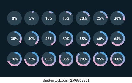Set of blue pink gradient infographic pie charts, segment of circle icons 0% - 100%, simple flat design loading data interface elements app button ui ux web, vector isolated on dark background