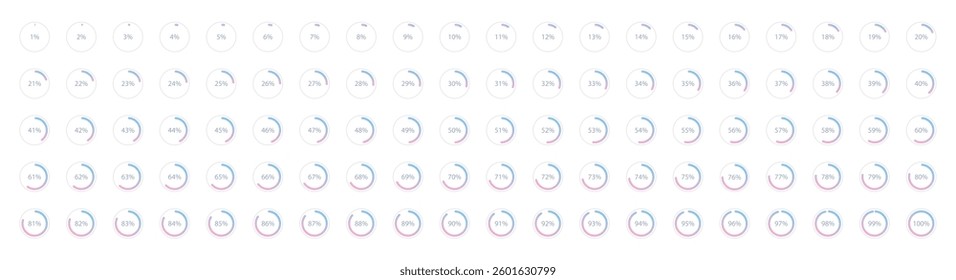 Set of blue pink gradient infographic pie charts, segment of circle icons 0% - 100%, simple flat design loading data interface elements app button ui ux web, vector isolated on white background