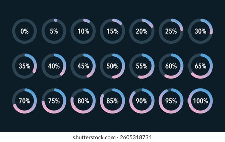 Set of blue pink gradient infographic pie charts, segment of circle icons 0% - 100%, simple flat design loading data interface elements app button ui ux web, vector isolated on dark background