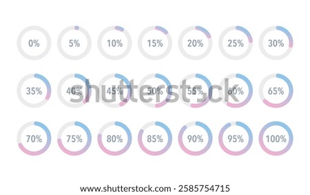 Set of blue pink gradient infographic pie charts, segment of circle icons 0% - 100%, simple flat design loading data interface elements app button ui ux web, vector isolated on white background