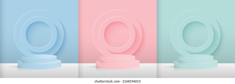 Set of blue, pink and green cylinder bases on stacked circle background. Modern abstract vector illustration showing 3D shapes for products showing presentations. Simple pastel wall backdrop.