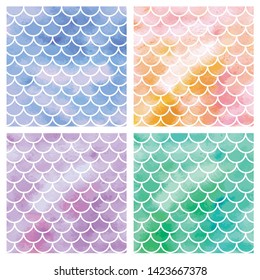 Set of blue, pink, green mermaid scales. Fish scales. Underwater sea pattern. Vector illustration. Perfect for print design for textile, poster, greeting card, invitation.