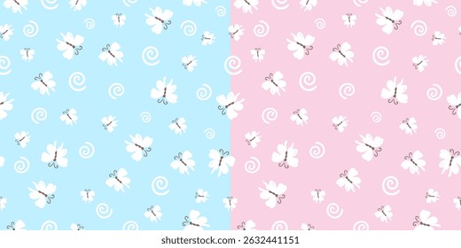 Set blue and pink kids seamless patterns with butterflies and swirls for child design. Vector illustration
