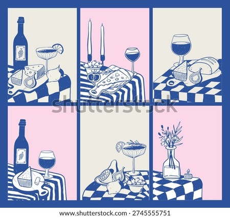 Set of blue and pink line art posters with wine, cheese, fruit and cocktails on checkered tablecloth. Modern Mediterranean dinner scenes in minimalist hand-drawn style