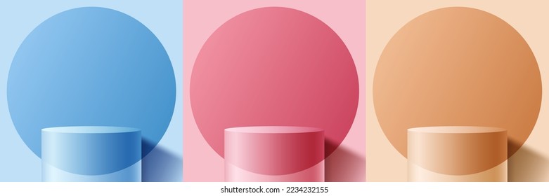 Set of blue, pink and orange colors realistic 3D cylinder podium pedestal with circle backdrop on minimal wall scene background. Product display for cosmetic, showroom, showcase, presentation, etc.