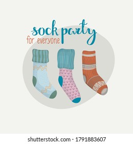 Set of blue, pink and red home cozy socks with funny lettering in flat cartoon hygge style with patterns and decorative details