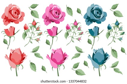 Set of blue, pink and red roses, leaves, branches, blossom, bud isolated on white background. Vector botanical illustration for floral design, wallpaper, covers
