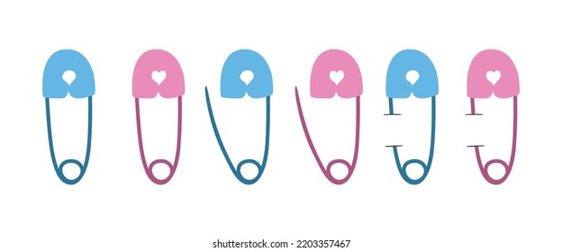 Set of blue and pink safety pins clipart. Close, open and pinned safety pin flat vector illustration. Diaper pins cartoon style icon. Kids, baby shower, newborn and nursery decoration concept