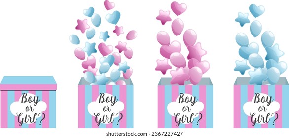 Set of blue and pink striped boxes for gender reveal party with copyspace and air balloons isolated