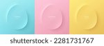 Set of blue, pink and yellow 3D eggs shape frames design. Elements for happy easter day festival design. Collection of geometric oval for product display or text space. Top view. Vector illustration