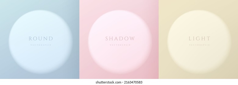 Set of blue, pink, yellow beige background with spotlight circle shape isolated design. Abstract minimal scene for products display or space for your text. Top view design. Light and shadow.