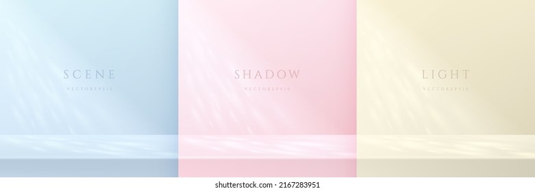 Set blue  pink  yellow beige background and window lighting   leaf shadow overlay  Abstract minimal scene for products display copy space  Desk  table and light   shadow the wall 