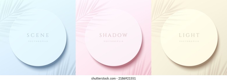 Set of blue, pink, yellow beige circles board background with palm leaf shadow overlay. Top view round frames design. Abstract minimal scene for products display or space for your text. Vector EPS10.
