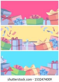 Set of blue, pink and yellow different cartoon style vector web shop banner sized backgrounds with colorful gift boxes with ribbons and copy space for text