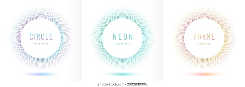 Set of blue, pink-purple and green circle frame on white background. Abstract 3D cosmic color backdrop. Collection of dot halftone glowing neon light on background with copy space in top view design. 