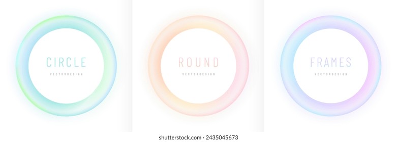 Set of blue, pink-purple and green circle frame on white background. Abstract 3D cosmic color backdrop. Collection of glowing neon color on geometric background with copy space. Top view. Vector EPS10