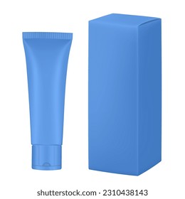 Set of blue plastic tube and box. Realistic mockup. Ointment or salve. Gel serum. Korean packaging. Blank cardboard package