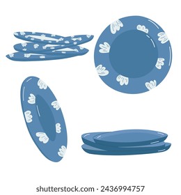Set of blue plates on white background