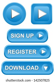 Set of blue play, sign up, register and download buttons