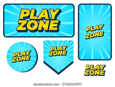 Set of blue play zone badges and labels with bold yellow 3d text, radial sunburst background, various shapes (rounded rectangle, circle, shield, tall rectangle), playful comic style.