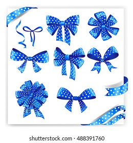 Set of blue polka dot gift bows with ribbons. Vector illustration. 