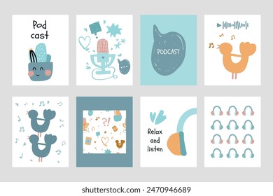 Set of blue postcard record studio device. headphones, microphones, speaker. Concept of podcast, radio, broadcasting. Hand drawn vector illustration. Flat doodle style clip art for music.