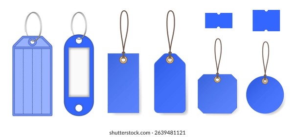 Set of blue price tags and keyrings. Price stickers. Luggage tag. Cardboard label for clothes. Key tags with split ring and window. Keychains
