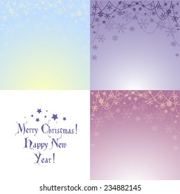 Set of blue and purple backgrounds with  snowflakes on a string of beads for greeting cards for new year or Christmas