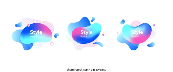 Set of blue and purple drop-shaped elements. Dynamical colored forms and line. Gradient banners with flowing liquid shapes. Template for design of logo, flyer or presentation. Vector illustration