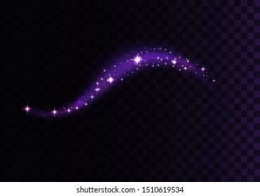 Set of blue, purple, glittering magic vector waves with gold particles isolated on transparent background.  Sparkling light trails. Futuristic Flash. Glowing shiny spiral lines effect.