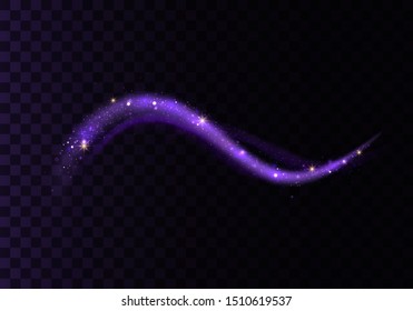 Set of blue, purple, glittering magic vector waves with gold particles isolated on transparent background.  Sparkling light trails. Futuristic Flash. Glowing shiny spiral lines effect.